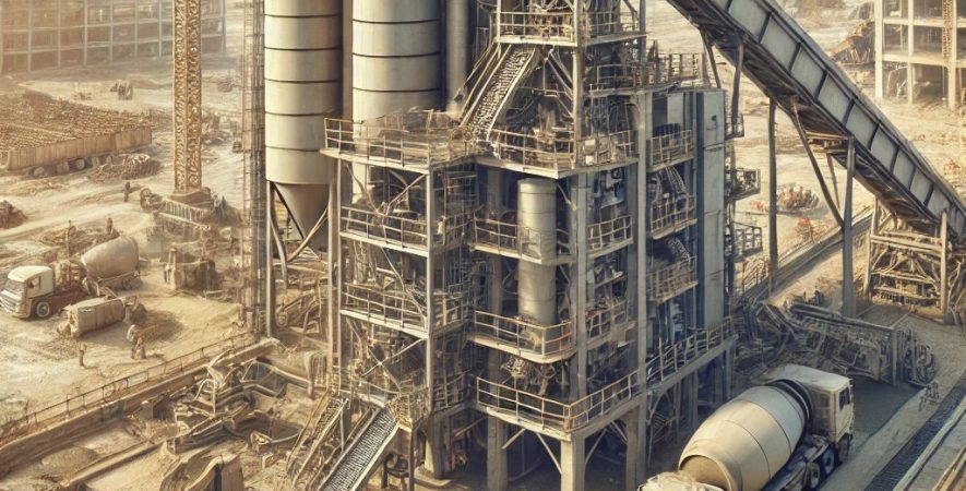 تصویری از بچینگ پلانت ثابت در حال تولید بتن با میکسر توین شفت و تجهیزات پیشرفته