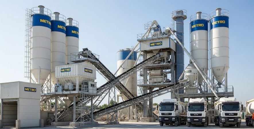 نمایی از یک بچینگ پلانت ثابت در حال تولید بتن در محل پروژه، با سیلوهای سیمان، نوار نقاله و میکسرهای صنعتی