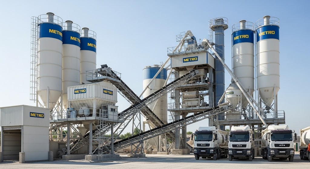 نمایی از یک بچینگ پلانت ثابت در حال تولید بتن در محل پروژه، با سیلوهای سیمان، نوار نقاله و میکسرهای صنعتی