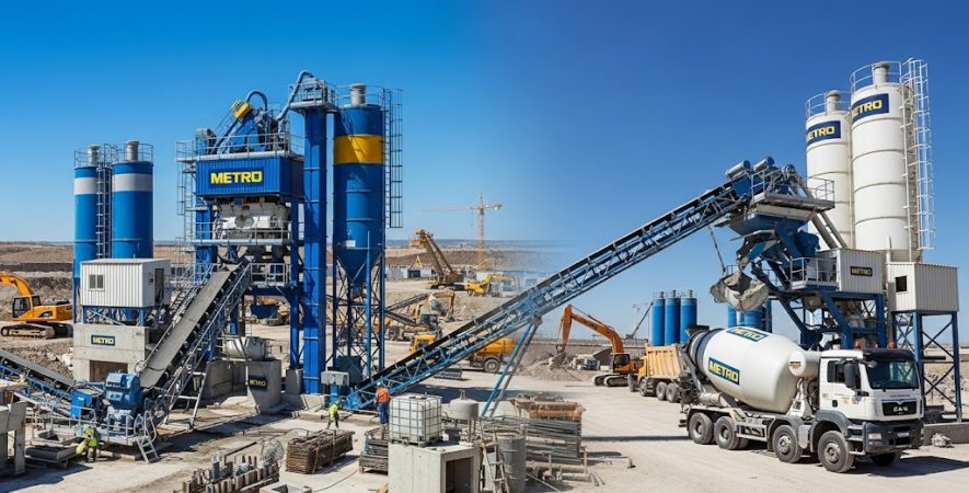 نمایی از دو نوع بچینگ پلانت تر و خشک در کنار هم، همراه با میکسر مرکزی در نوع تر و تراک میکسر فعال در نوع خشک در یک محیط صنعتی